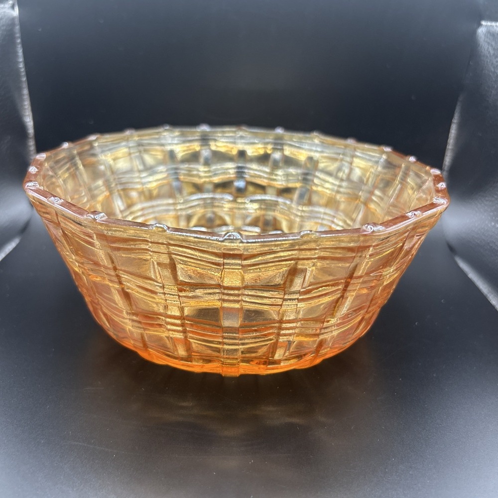 Vintage Carnival Glass Basket Bowl Beautiful Amber Shimmer Serving Dish